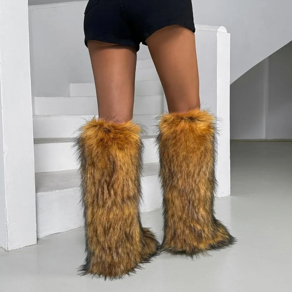 🆕Women Brown Faux Fur Fluffy Cosy Round Toe Knee High Warm Outdoor Fur Boot
